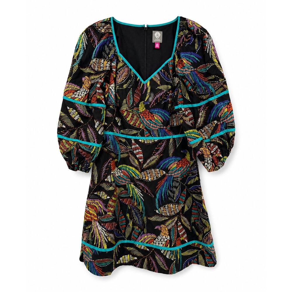 Vince Camuto Dress Womens Size 2 Black Tropical Puff Sleeve Dress
